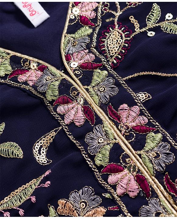 Babyhug Georgette Woven Half Sleeves Choli Lehenga & Dupatta Set with Floral Embroidery - Navy Blue