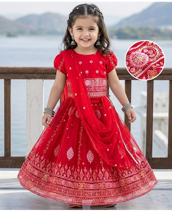 Babyhug Brocade Woven Half Puffed Sleeves Choli Lehenga Set with Dupatta Set & Floral Embroidery - Red