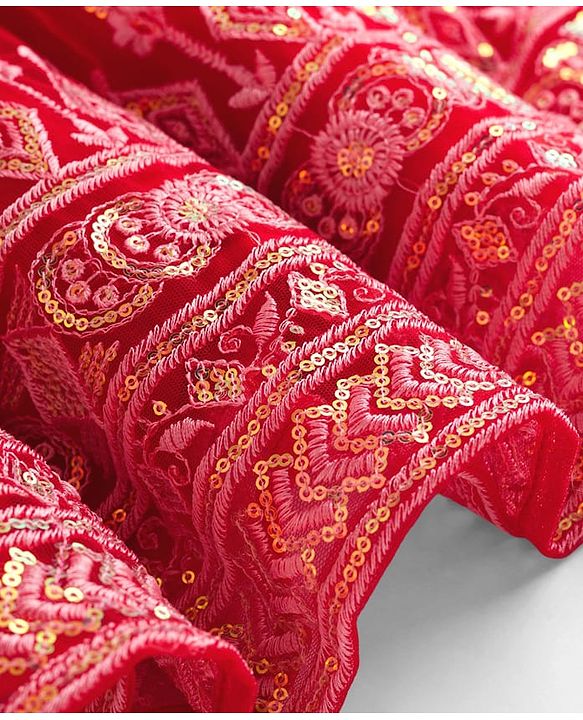 Babyhug Brocade Woven Half Puffed Sleeves Choli Lehenga Set with Dupatta Set & Floral Embroidery - Red