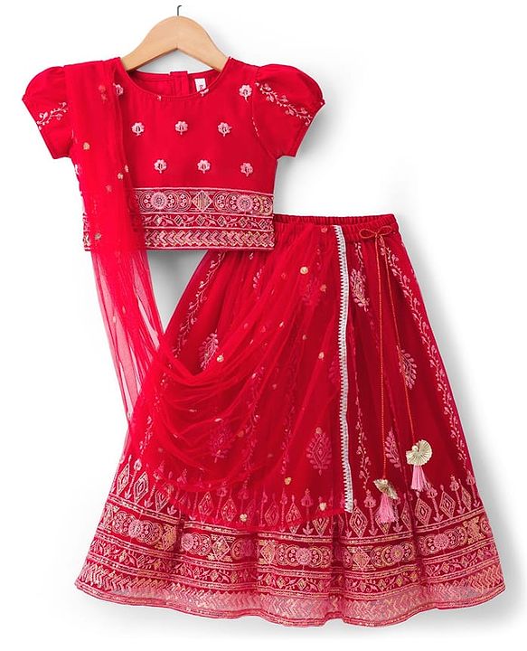 Babyhug Brocade Woven Half Puffed Sleeves Choli Lehenga Set with Dupatta Set & Floral Embroidery - Red