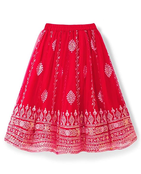 Babyhug Brocade Woven Half Puffed Sleeves Choli Lehenga Set with Dupatta Set & Floral Embroidery - Red