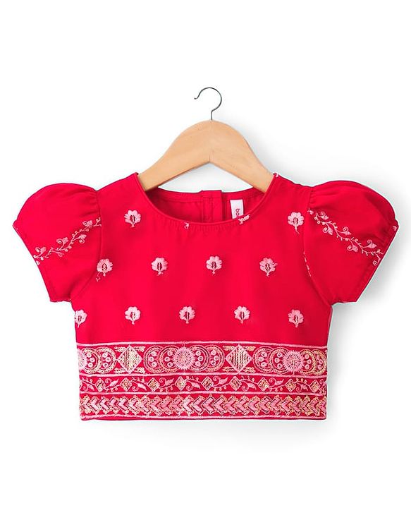 Babyhug Brocade Woven Half Puffed Sleeves Choli Lehenga Set with Dupatta Set & Floral Embroidery - Red