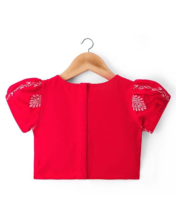 Babyhug Brocade Woven Half Puffed Sleeves Choli Lehenga Set with Dupatta Set & Floral Embroidery - Red