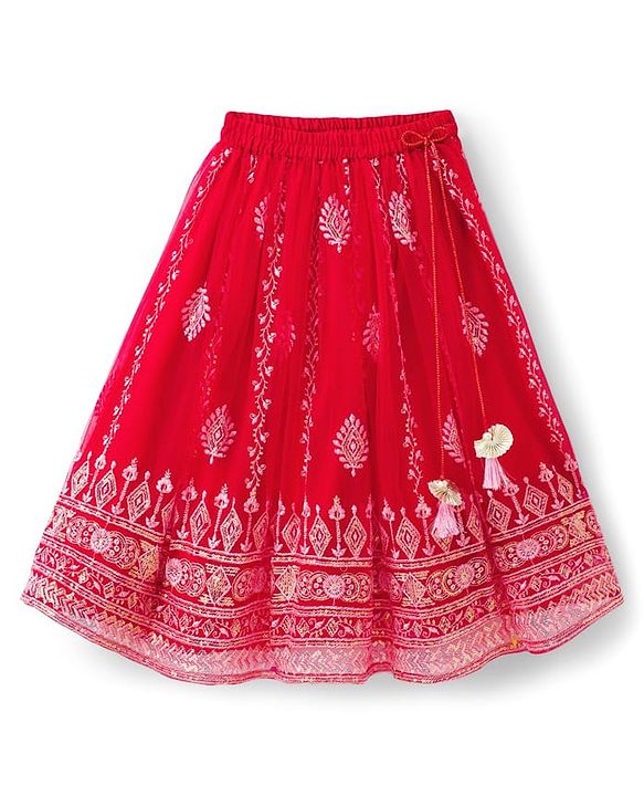 Babyhug Brocade Woven Half Puffed Sleeves Choli Lehenga Set with Dupatta Set & Floral Embroidery - Red