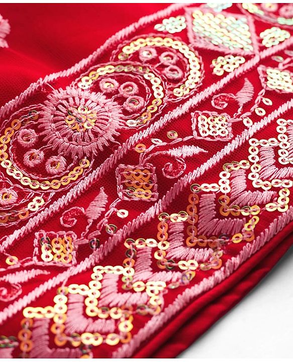 Babyhug Brocade Woven Half Puffed Sleeves Choli Lehenga Set with Dupatta Set & Floral Embroidery - Red