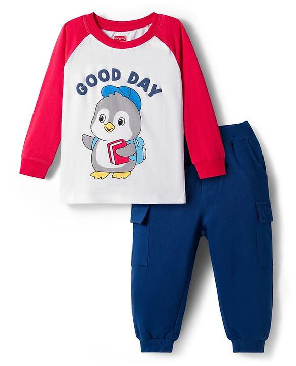 Babyhug Single Jersey Full Raglan Sleeves Sweatshirt and Lounge Pant Set with Penguin & Good Day Text Print - Red & Navy Blue