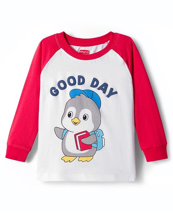 Babyhug Single Jersey Full Raglan Sleeves Sweatshirt and Lounge Pant Set with Penguin & Good Day Text Print - Red & Navy Blue