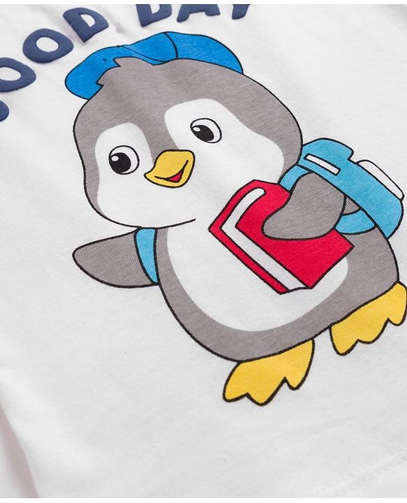 Babyhug Single Jersey Full Raglan Sleeves Sweatshirt and Lounge Pant Set with Penguin & Good Day Text Print - Red & Navy Blue