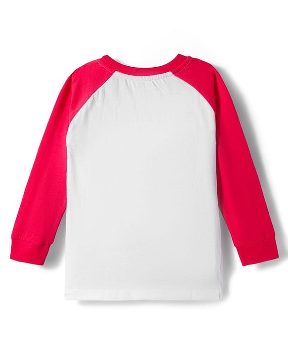 Babyhug Single Jersey Full Raglan Sleeves Sweatshirt and Lounge Pant Set with Penguin & Good Day Text Print - Red & Navy Blue