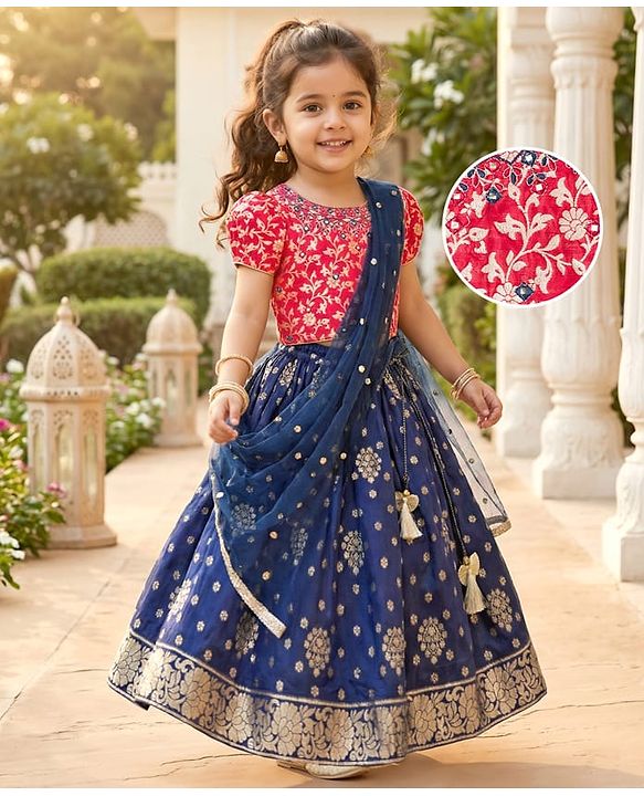 Babyhug Brocade Woven Half Puffed Sleeves Floral Foil Printed  Choli Lehenga Set with Dupatta & Sequin Detailing - Navy Blue & Red
