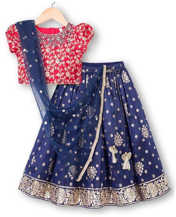 Babyhug Brocade Woven Half Puffed Sleeves Floral Foil Printed  Choli Lehenga Set with Dupatta & Sequin Detailing - Navy Blue & Red
