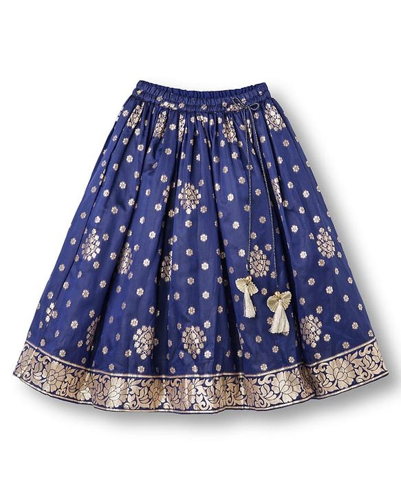 Babyhug Brocade Woven Half Puffed Sleeves Floral Foil Printed  Choli Lehenga Set with Dupatta & Sequin Detailing - Navy Blue & Red