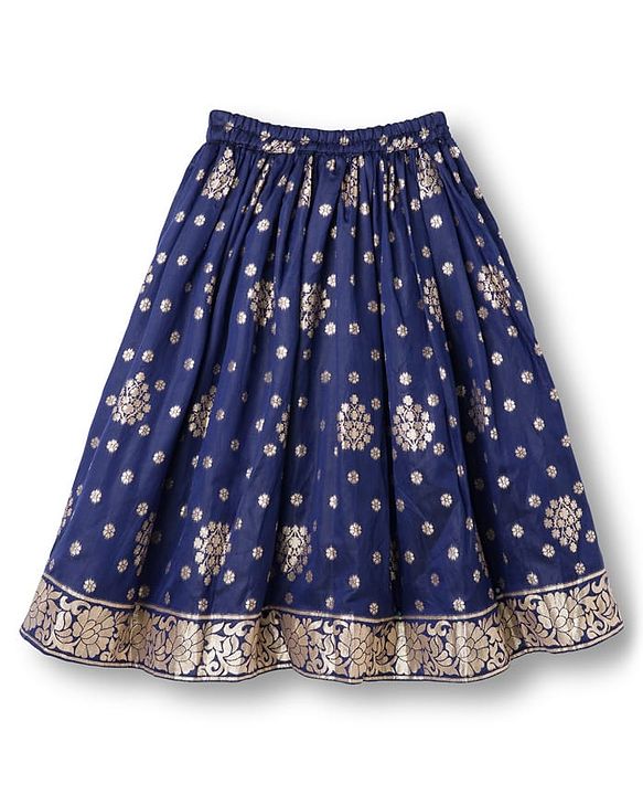 Babyhug Brocade Woven Half Puffed Sleeves Floral Foil Printed  Choli Lehenga Set with Dupatta & Sequin Detailing - Navy Blue & Red
