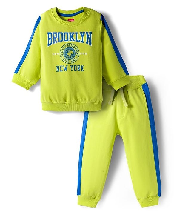 Babyhug Knit Premium Light Gauge Terry Full Sleeves Sweatshirt & Joggers Set With Brooklyn Text Print - Neon Green