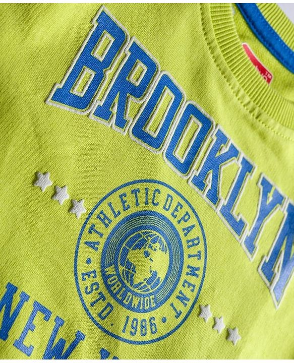 Babyhug Knit Premium Light Gauge Terry Full Sleeves Sweatshirt & Joggers Set With Brooklyn Text Print - Neon Green