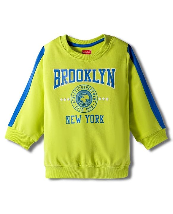 Babyhug Knit Premium Light Gauge Terry Full Sleeves Sweatshirt & Joggers Set With Brooklyn Text Print - Neon Green