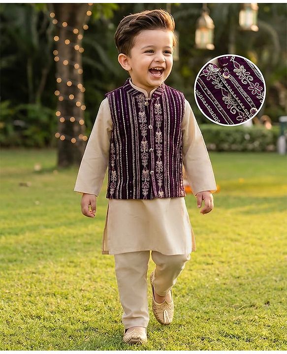 Babyhug Cotton Woven Full Sleeves Kurta Pajama Set with Jacket & Floral Embroidery - Beige