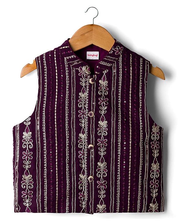Babyhug Cotton Woven Full Sleeves Kurta Pajama Set with Jacket & Floral Embroidery - Beige