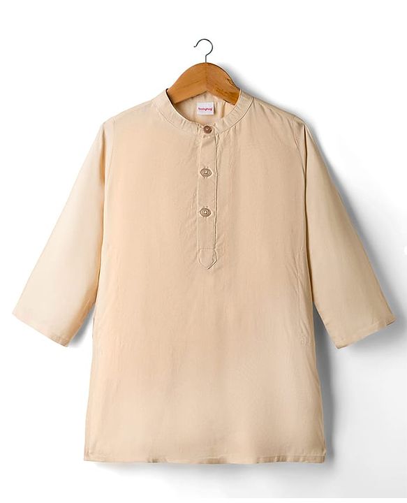Babyhug Cotton Woven Full Sleeves Kurta Pajama Set with Jacket & Floral Embroidery - Beige