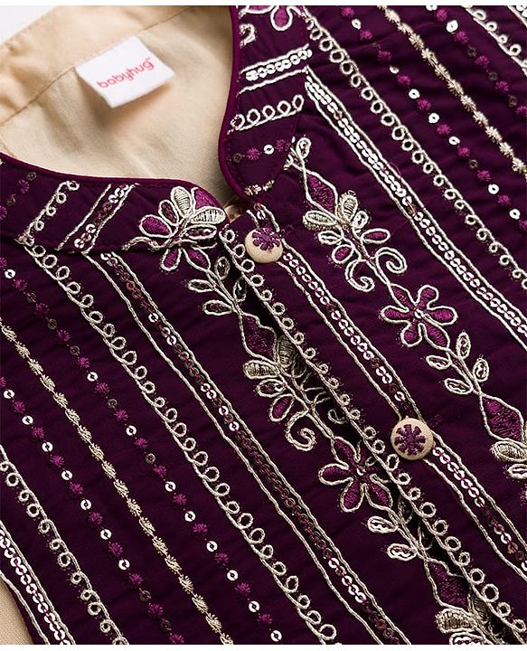 Babyhug Cotton Woven Full Sleeves Kurta Pajama Set with Jacket & Floral Embroidery - Beige