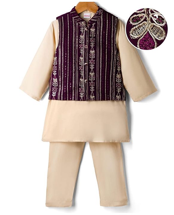 Babyhug Cotton Woven Full Sleeves Kurta Pajama Set with Jacket & Floral Embroidery - Beige