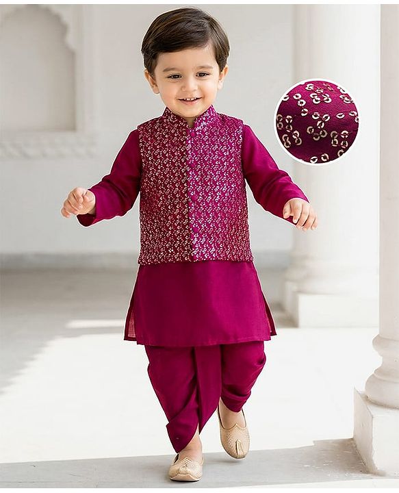 Babyhug Rayon Woven Full Sleeves Solid Kurta Dhoti Set with Sequenced Nehru Jacket - Magenta Pink
