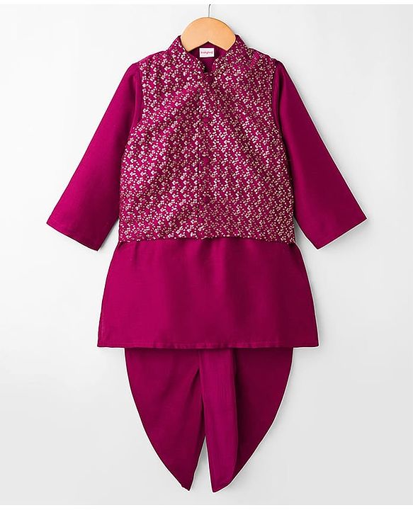 Babyhug Rayon Woven Full Sleeves Solid Kurta Dhoti Set with Sequenced Nehru Jacket - Magenta Pink