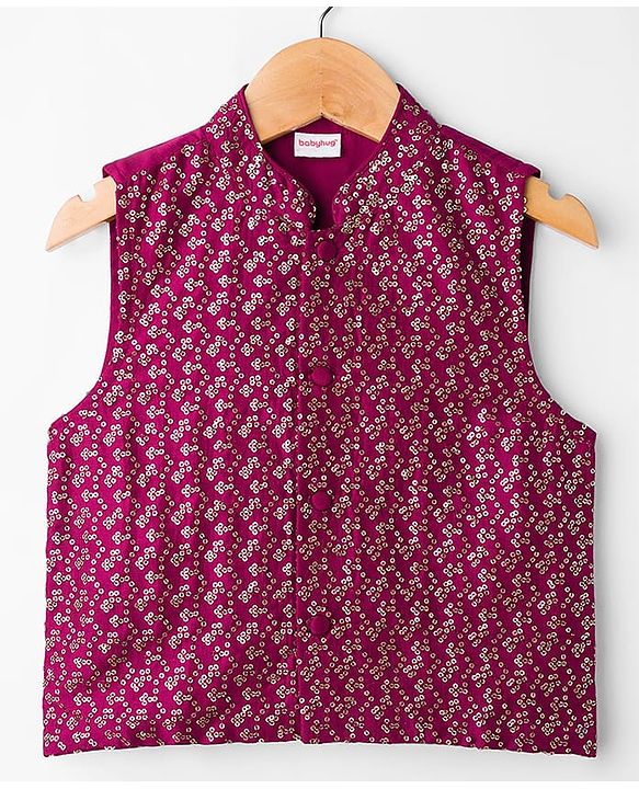 Babyhug Rayon Woven Full Sleeves Solid Kurta Dhoti Set with Sequenced Nehru Jacket - Magenta Pink