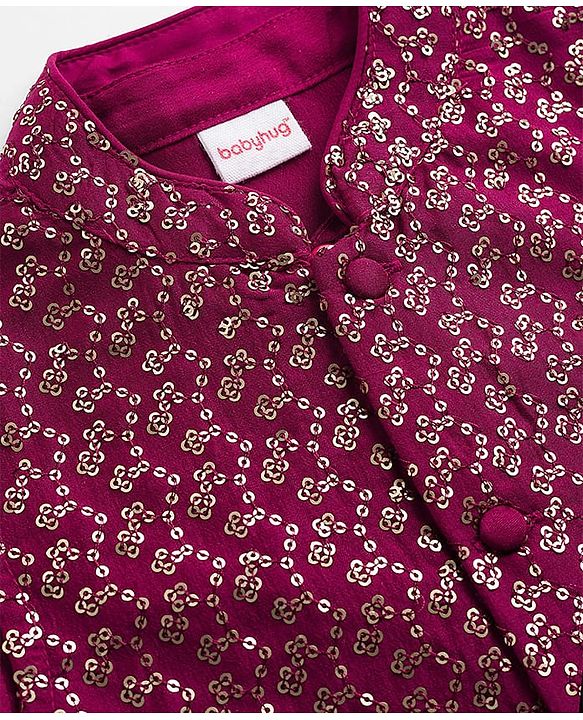 Babyhug Rayon Woven Full Sleeves Solid Kurta Dhoti Set with Sequenced Nehru Jacket - Magenta Pink