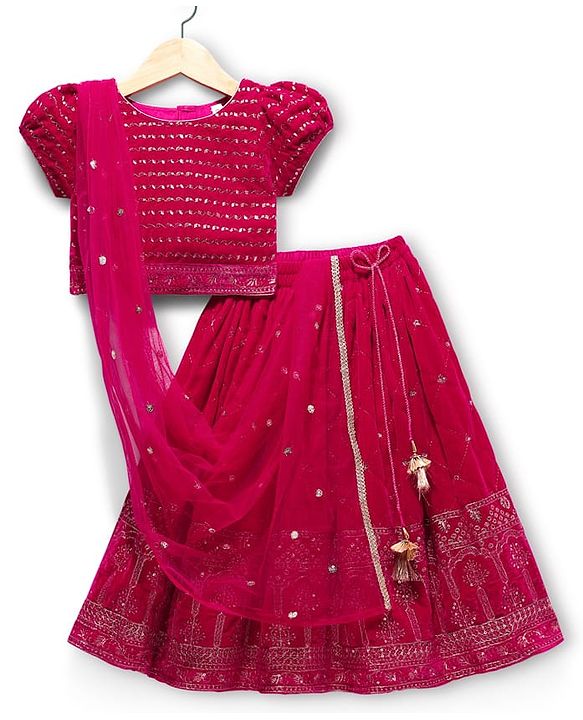 Babyhug Georgette Woven Half Puffed Sleeves Choli Lehenga Set with Dupatta Embroidery & Sequin Detailing - Dark Pink
