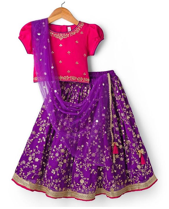 Babyhug Georgette Woven Half Puffed Sleeves Choli Lehenga & Dupatta Set with Floral Embroidery - Purple & Pink