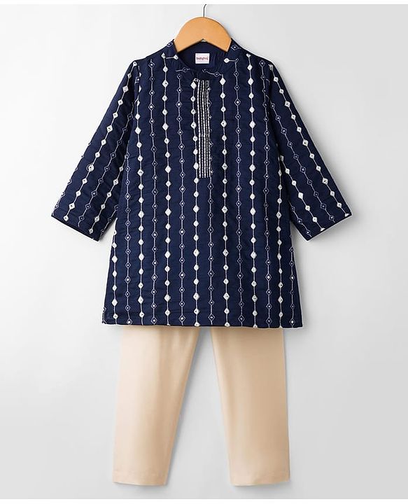 Babyhug Georgette Woven Full Sleeves Kurta Pyjama Set with Mirror Embroidery - Navy Blue