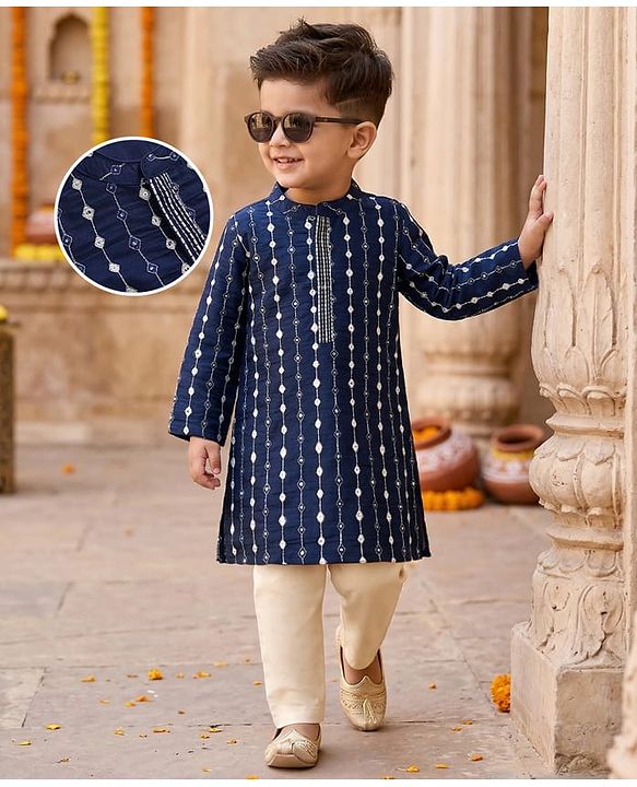 Babyhug Georgette Woven Full Sleeves Kurta Pyjama Set with Mirror Embroidery - Navy Blue