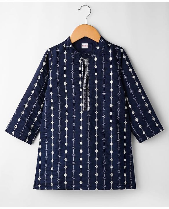 Babyhug Georgette Woven Full Sleeves Kurta Pyjama Set with Mirror Embroidery - Navy Blue