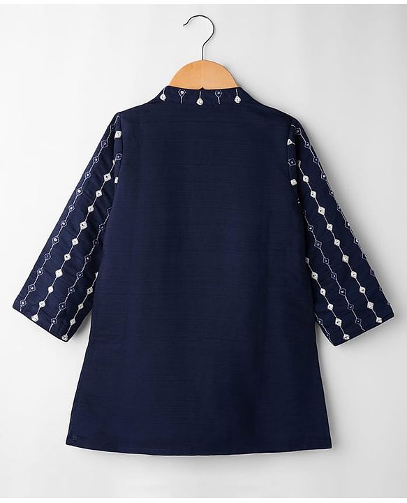 Babyhug Georgette Woven Full Sleeves Kurta Pyjama Set with Mirror Embroidery - Navy Blue