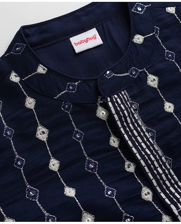 Babyhug Georgette Woven Full Sleeves Kurta Pyjama Set with Mirror Embroidery - Navy Blue
