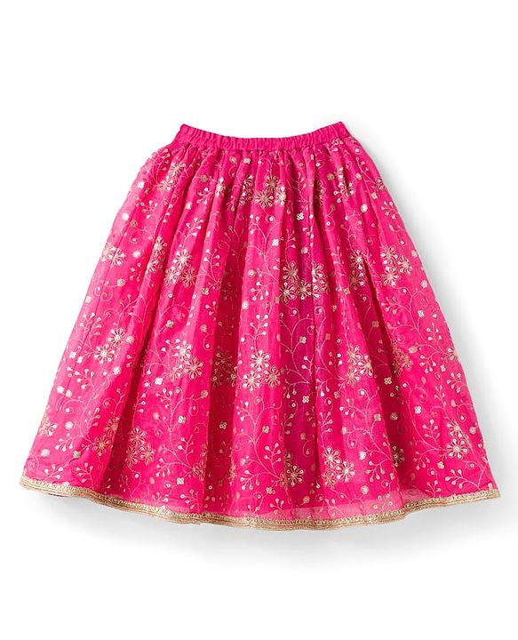 Babyhug Chanderi Woven Half Sleeves Choli Lehenga & Dupatta Set With Floral Print & Embriodered - Fuschia