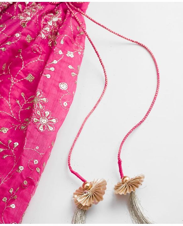 Babyhug Chanderi Woven Half Sleeves Choli Lehenga & Dupatta Set With Floral Print & Embriodered - Fuschia