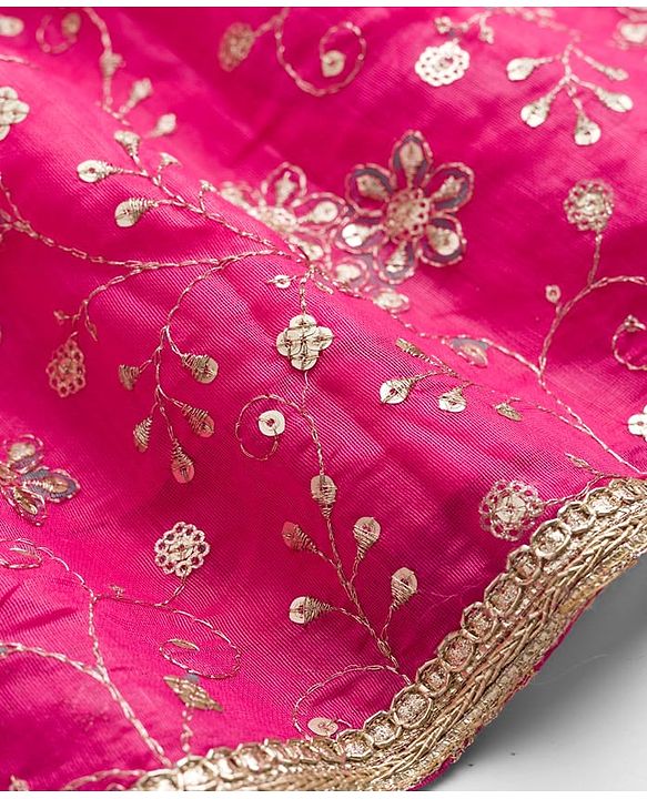 Babyhug Chanderi Woven Half Sleeves Choli Lehenga & Dupatta Set With Floral Print & Embriodered - Fuschia