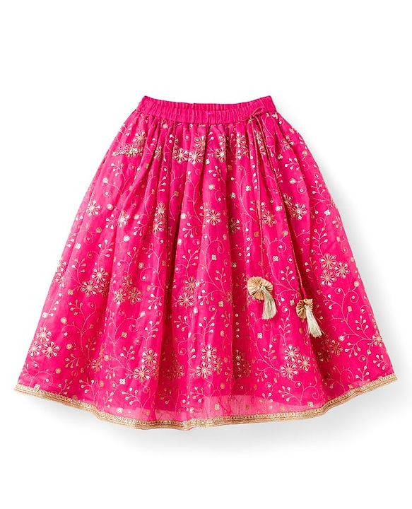 Babyhug Chanderi Woven Half Sleeves Choli Lehenga & Dupatta Set With Floral Print & Embriodered - Fuschia