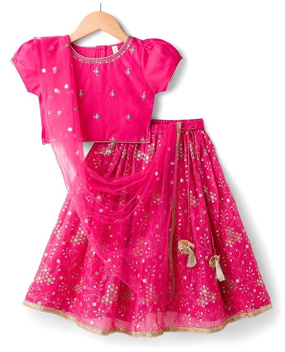 Babyhug Chanderi Woven Half Sleeves Choli Lehenga & Dupatta Set With Floral Print & Embriodered - Fuschia