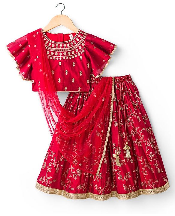 Babyhug Brocade Woven Flutter Sleeves Choli Lehenga & Dupatta Set with Floral Embroidery & Print - Red