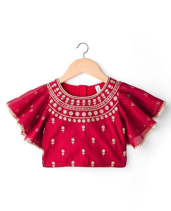 Babyhug Brocade Woven Flutter Sleeves Choli Lehenga & Dupatta Set with Floral Embroidery & Print - Red