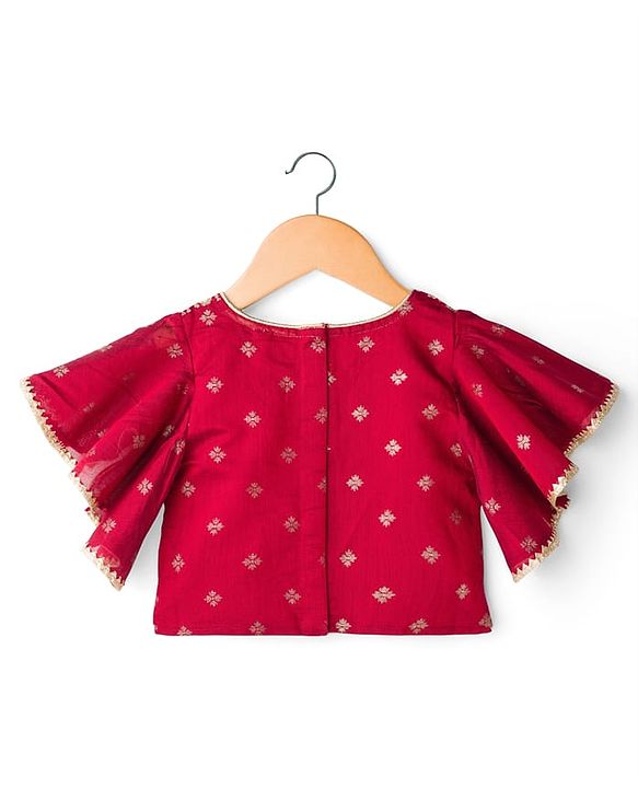 Babyhug Brocade Woven Flutter Sleeves Choli Lehenga & Dupatta Set with Floral Embroidery & Print - Red