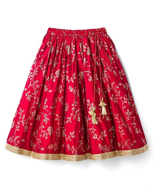 Babyhug Brocade Woven Flutter Sleeves Choli Lehenga & Dupatta Set with Floral Embroidery & Print - Red