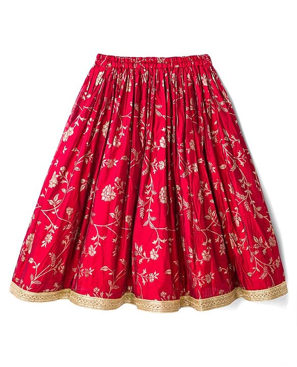 Babyhug Brocade Woven Flutter Sleeves Choli Lehenga & Dupatta Set with Floral Embroidery & Print - Red
