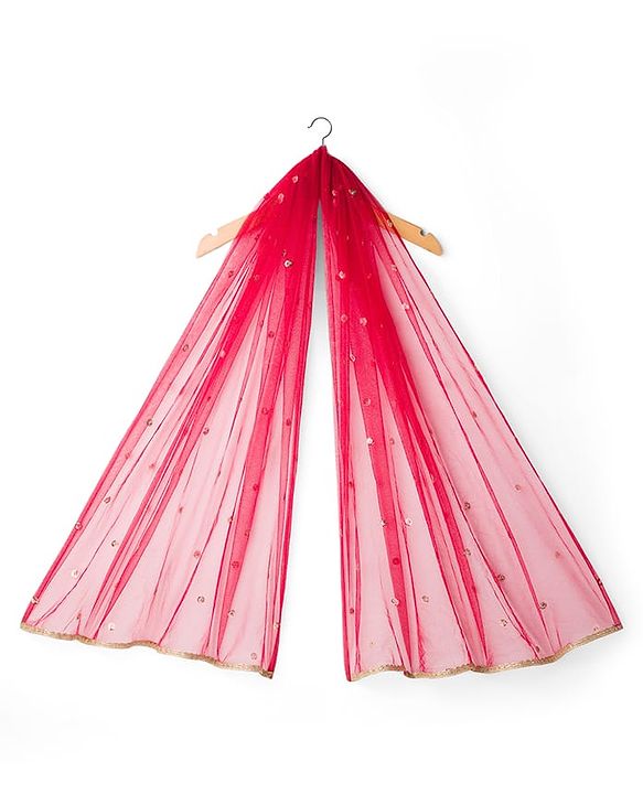 Babyhug Brocade Woven Flutter Sleeves Choli Lehenga & Dupatta Set with Floral Embroidery & Print - Red