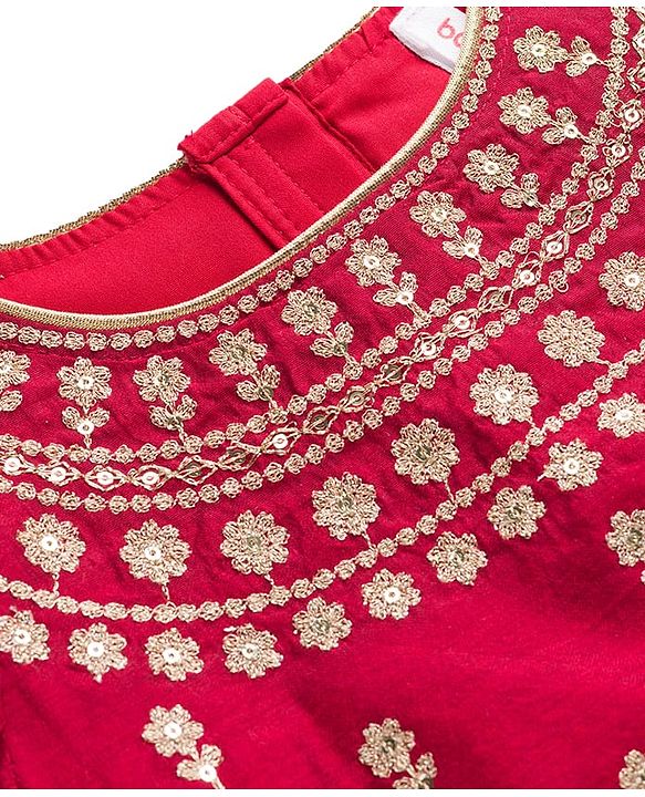 Babyhug Brocade Woven Flutter Sleeves Choli Lehenga & Dupatta Set with Floral Embroidery & Print - Red