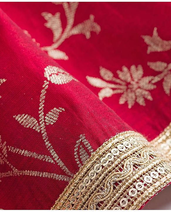 Babyhug Brocade Woven Flutter Sleeves Choli Lehenga & Dupatta Set with Floral Embroidery & Print - Red