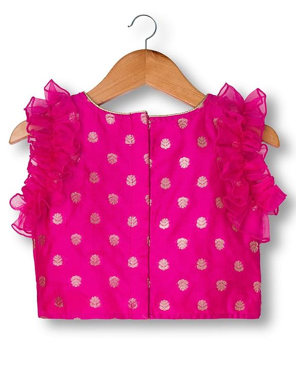 Babyhug Brocade Woven Frill Sleeves Floral Foil Printed Choli Lehenga Set with Dupatta & Embroidery - Dark Pink
